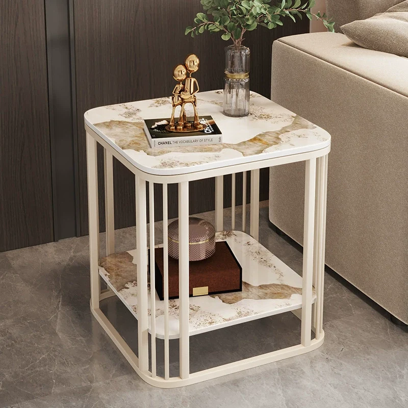 Contemporary Luxury Square Stone Slab Carbon Steel End Table 2-Tier For Living Room
