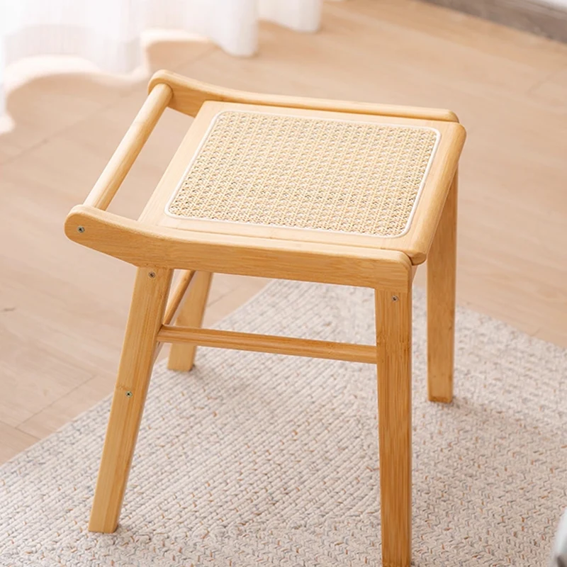 Traditional Japanese Trapezoid Nan Bamboo Resin Rattan Weaving Vanity Stool Backless Armless For Bedroom
