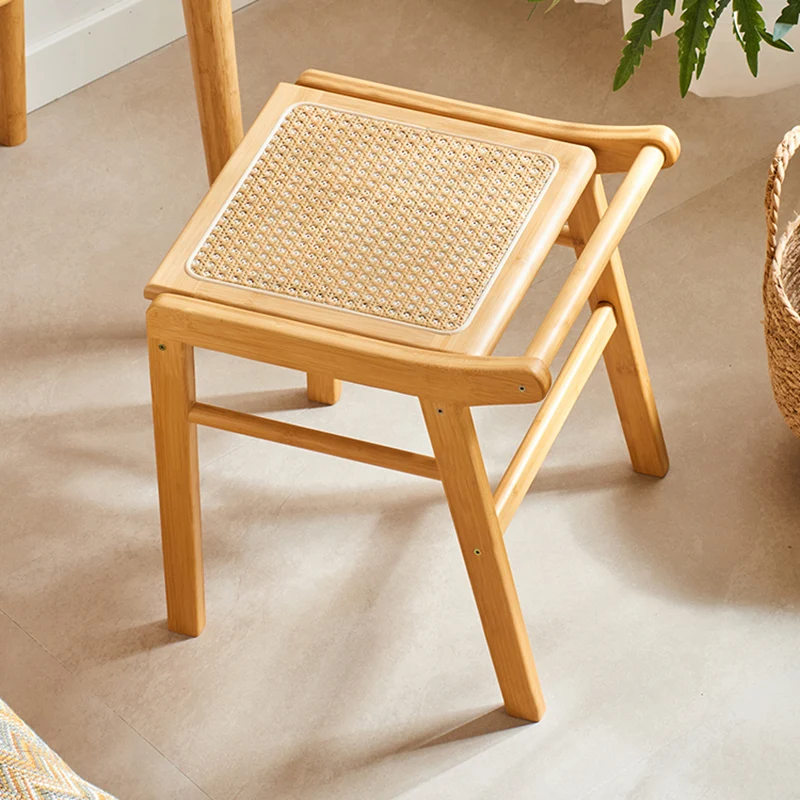 Traditional Japanese Trapezoid Nan Bamboo Resin Rattan Weaving Vanity Stool Backless Armless For Bedroom