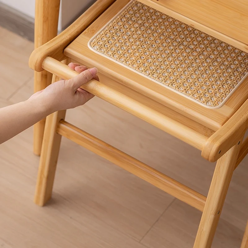 Traditional Japanese Trapezoid Nan Bamboo Resin Rattan Weaving Vanity Stool Backless Armless For Bedroom