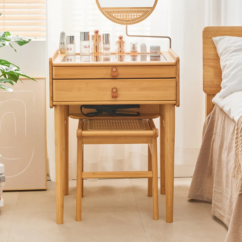 Traditional Japanese Trapezoid Nan Bamboo Resin Rattan Weaving Vanity Stool Backless Armless For Bedroom