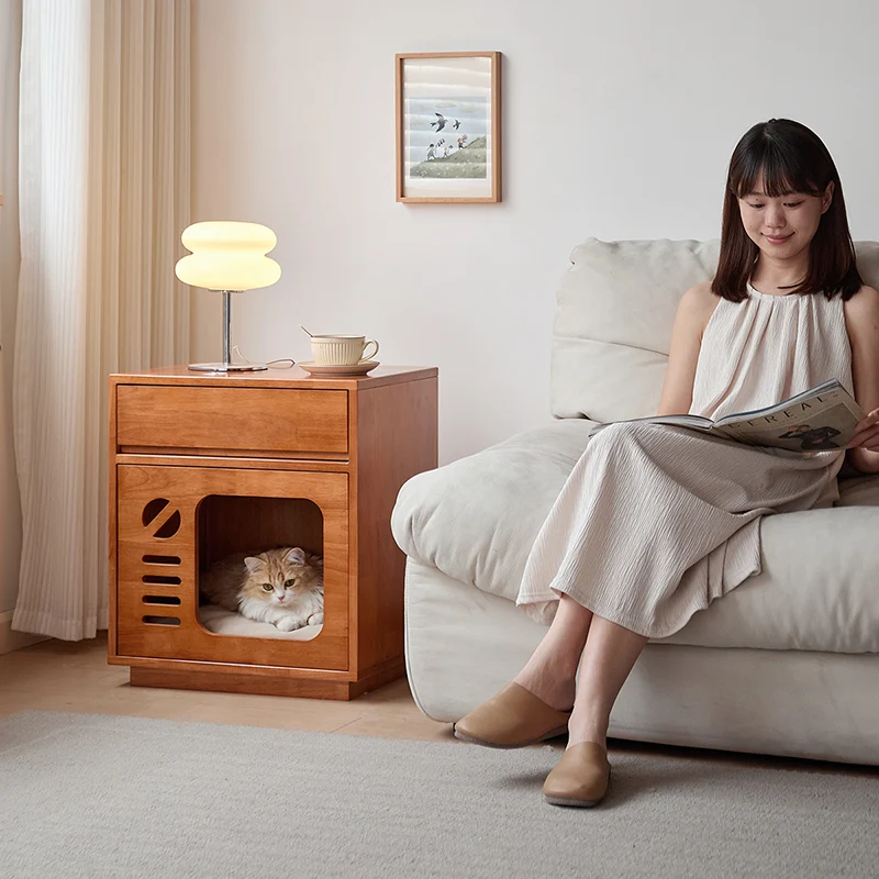 Contemporary Creative Rectangular Rubberwood Plywood Pine Wood Cat Bed Nightstand 1-Drawer For Bedroom