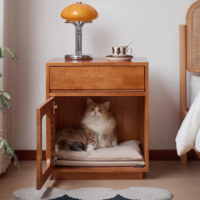 Contemporary Creative Rectangular Rubberwood Plywood Pine Wood Cat Bed Nightstand 1-Drawer For Bedroom