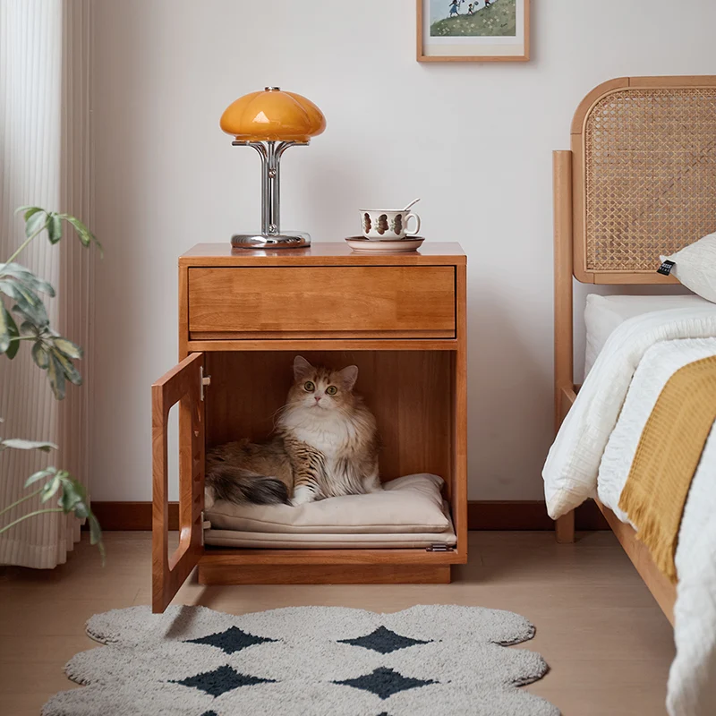 Contemporary Creative Rectangular Rubberwood Plywood Pine Wood Cat Bed Nightstand 1-Drawer For Bedroom