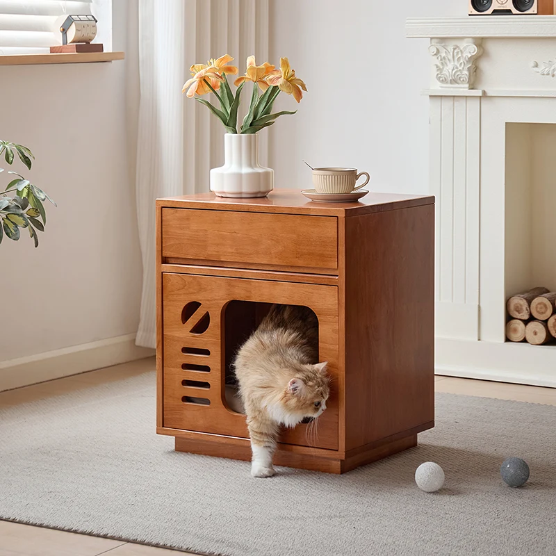 Contemporary Creative Rectangular Rubberwood Plywood Pine Wood Cat Bed Nightstand 1-Drawer For Bedroom
