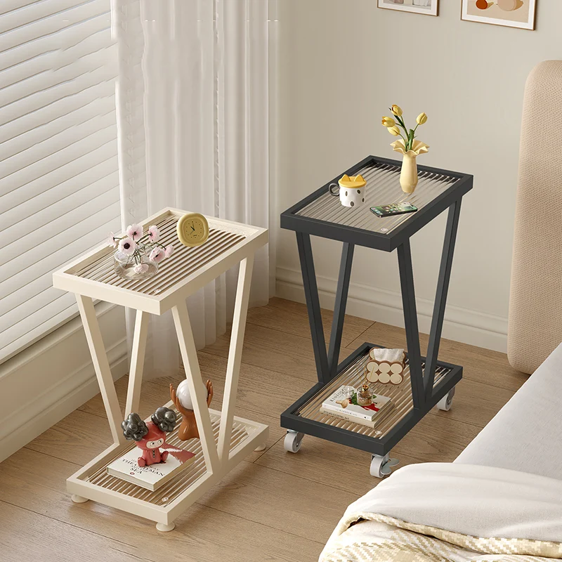 Contemporary Industrial Slim Rectangular Carbon Steel Glass Movable End Table 2-Tier For Living Room