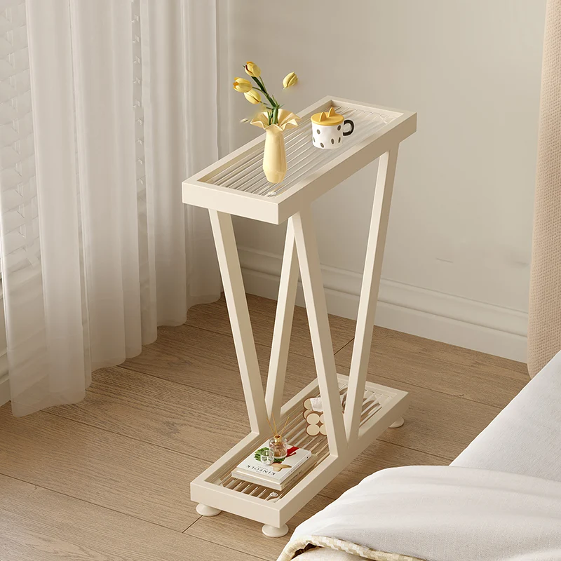 Contemporary Industrial Slim Rectangular Carbon Steel Glass End Table 2-Tier Design For Living Room
