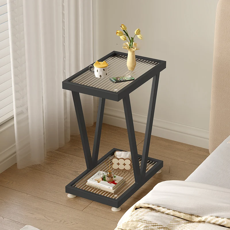 Contemporary Industrial Slim Rectangular Carbon Steel Glass End Table 2-Tier Design For Living Room