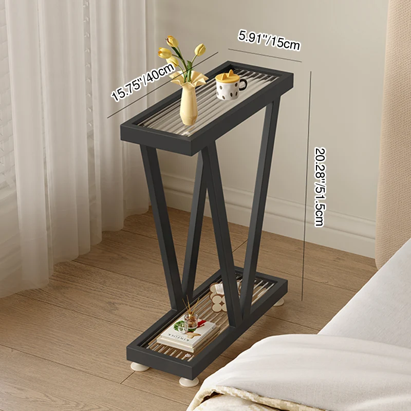 Contemporary Industrial Slim Rectangular Carbon Steel Glass End Table 2-Tier Design For Living Room
