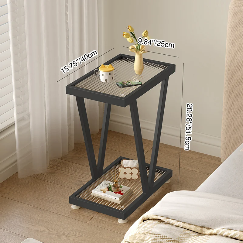 Contemporary Industrial Slim Rectangular Carbon Steel Glass End Table 2-Tier Design For Living Room