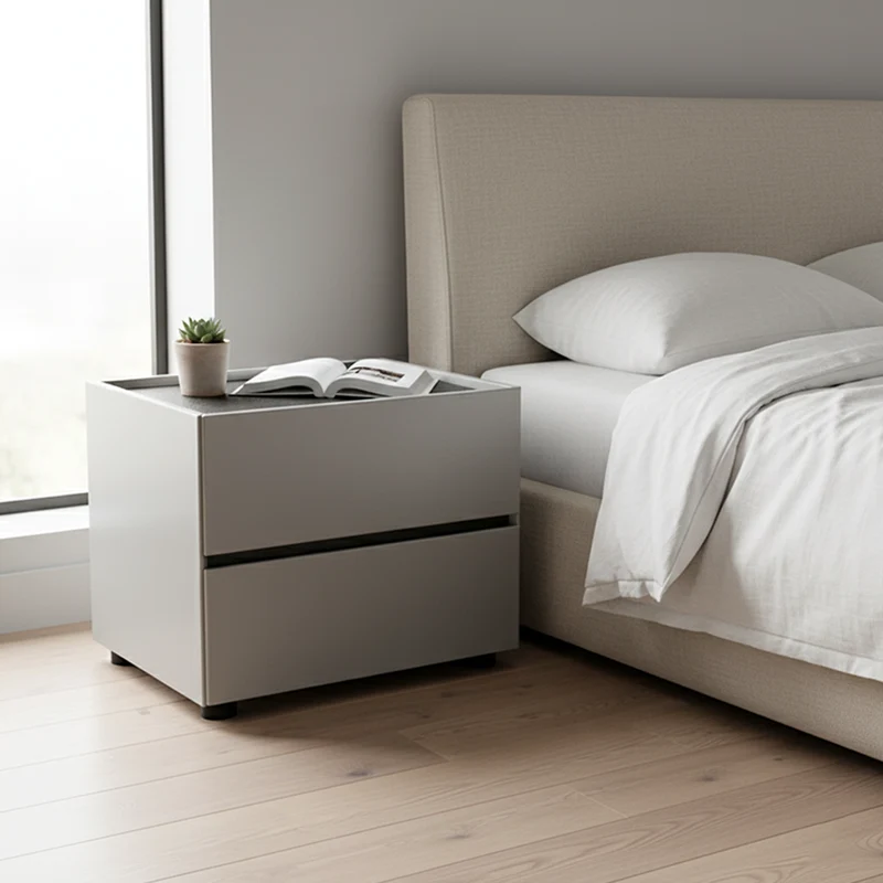 Sleek Smoked Wood Veneer Bedside Cabinet - Minimalist Non-Toxic Material Nightstand 2-Drawer For Bedroom
