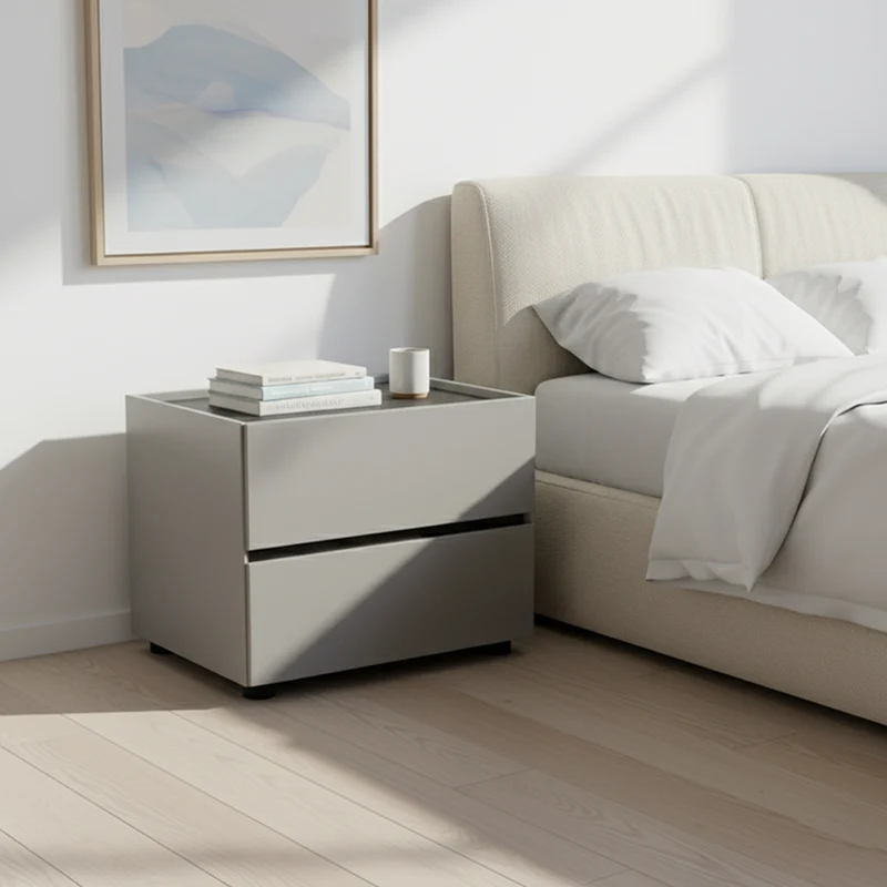 Sleek Smoked Wood Veneer Bedside Cabinet - Minimalist Non-Toxic Material Nightstand 2-Drawer For Bedroom