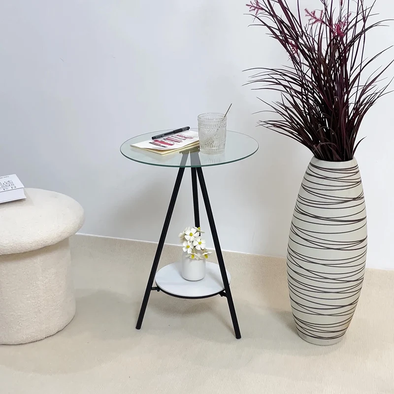 Modern Minimalist Cylindrical Tempered Glass PP Carbon Steel Side Table 2-Tier For Living Room