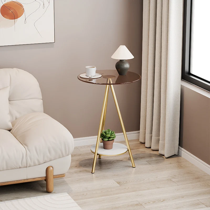 Modern Minimalist Cylindrical Tempered Glass PP Carbon Steel Side Table 2-Tier For Living Room