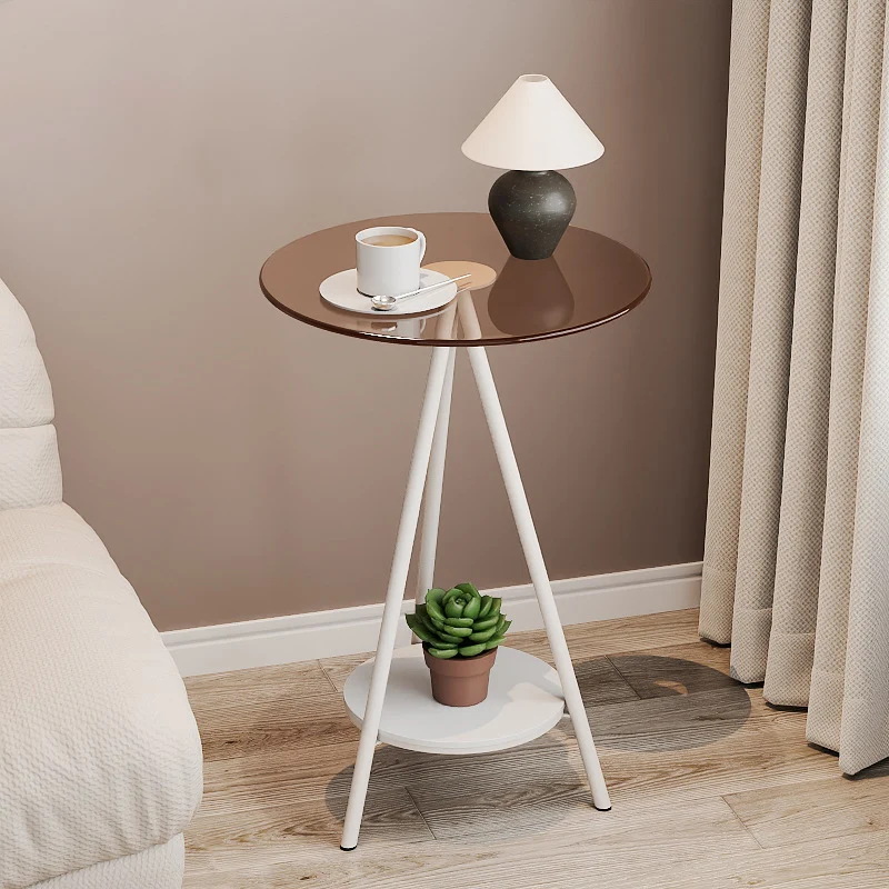Modern Minimalist Cylindrical Tempered Glass PP Carbon Steel Side Table 2-Tier For Living Room