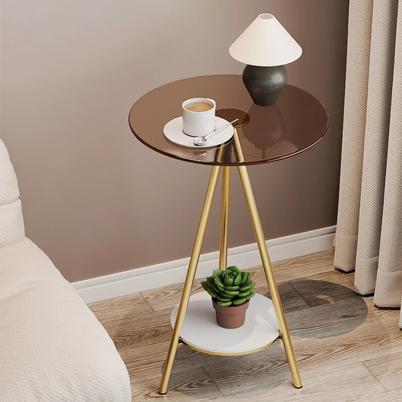 Modern Minimalist Cylindrical Tempered Glass PP Carbon Steel Side Table 2-Tier For Living Room