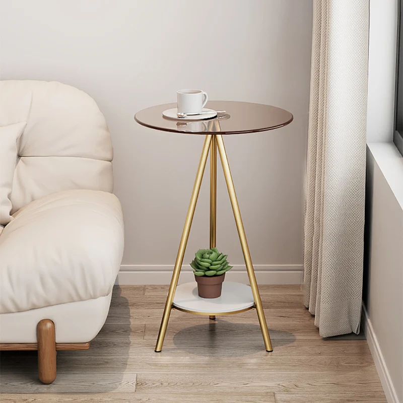 Modern Minimalist Cylindrical Tempered Glass PP Carbon Steel Side Table 2-Tier For Living Room