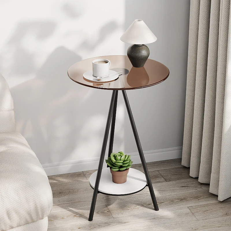 Modern Minimalist Cylindrical Tempered Glass PP Carbon Steel Side Table 2-Tier For Living Room