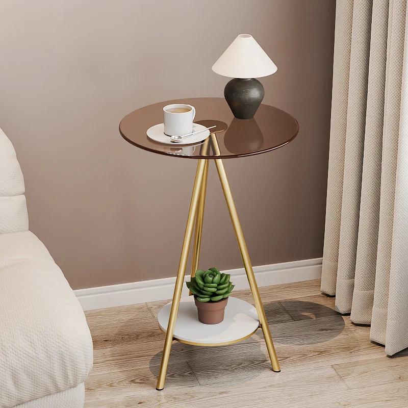 Modern Minimalist Cylindrical Tempered Glass PP Carbon Steel Side Table 2-Tier For Living Room