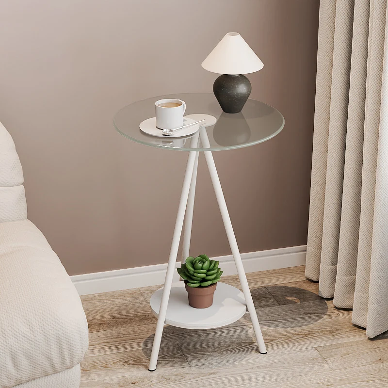 Modern Minimalist Cylindrical Tempered Glass PP Carbon Steel Side Table 2-Tier For Living Room