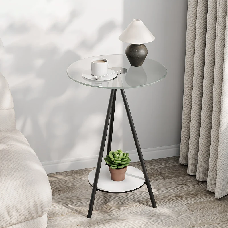 Modern Minimalist Cylindrical Tempered Glass PP Carbon Steel Side Table 2-Tier For Living Room