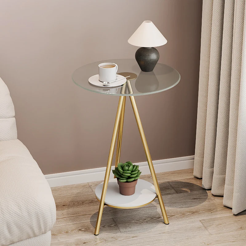 Modern Minimalist Cylindrical Tempered Glass PP Carbon Steel Side Table 2-Tier For Living Room