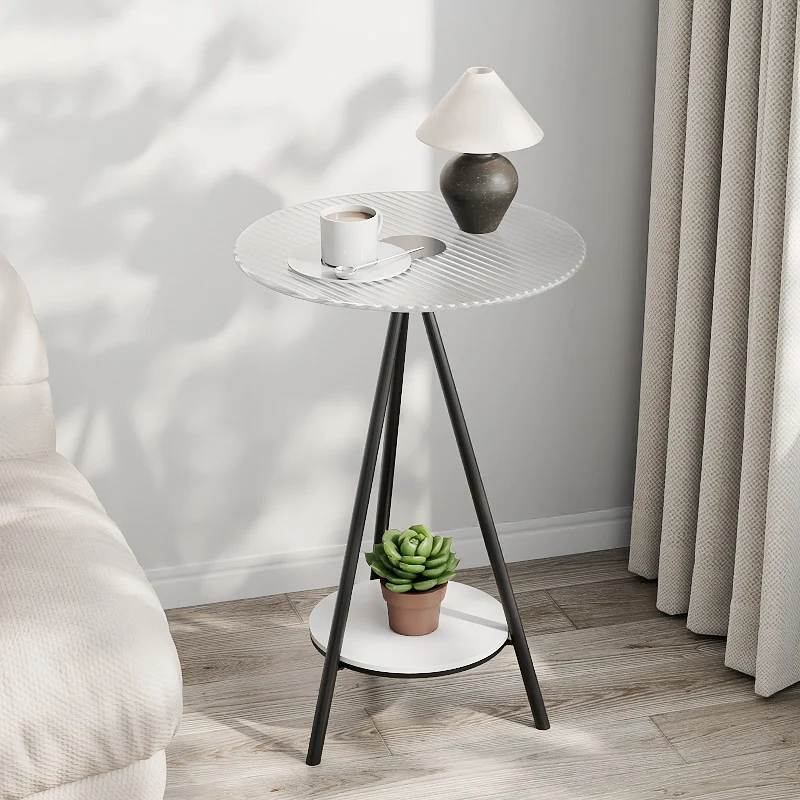 Modern Minimalist Cylindrical Tempered Glass PP Carbon Steel Side Table 2-Tier For Living Room