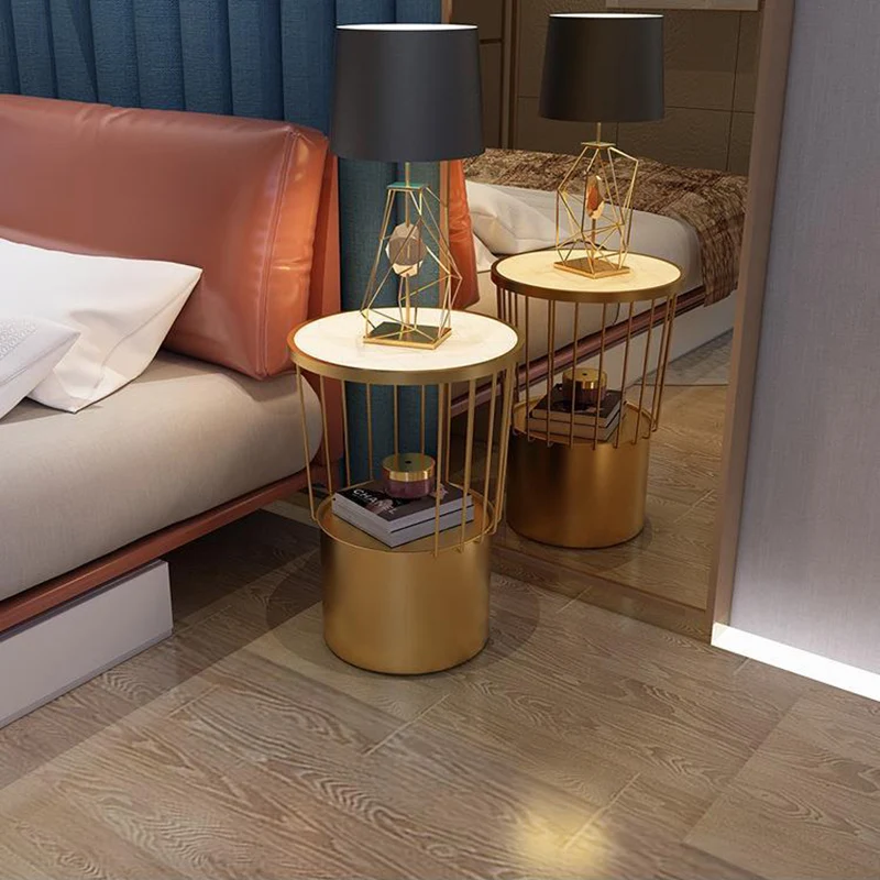 Contemporary Luxury Cylindrical Hollow Design Iron Stone Slab Nightstand 2-Tier For Bedroom
