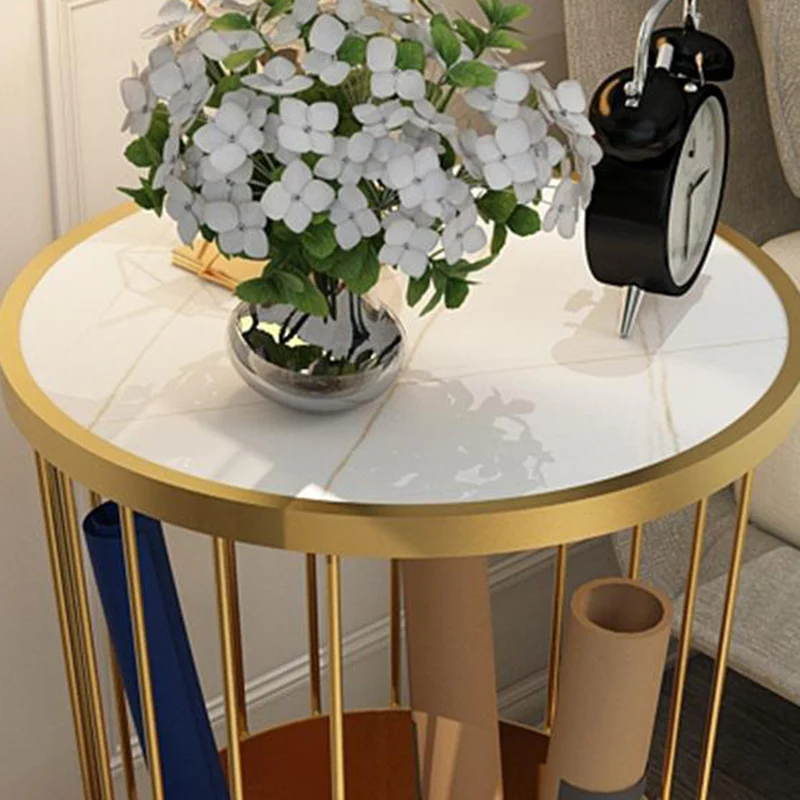 Contemporary Luxury Cylindrical Hollow Design Iron Stone Slab Nightstand 2-Tier For Bedroom