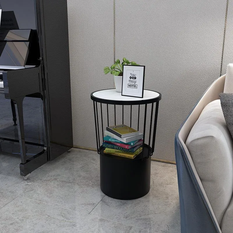 Contemporary Luxury Cylindrical Hollow Design Iron Stone Slab Nightstand 2-Tier For Bedroom