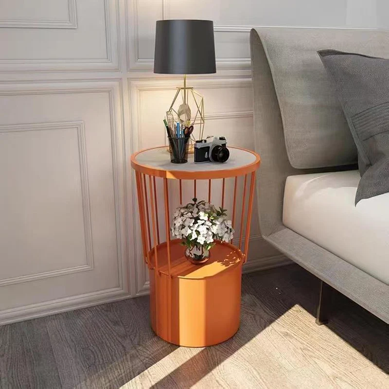 Contemporary Luxury Cylindrical Hollow Design Iron Stone Slab Nightstand 2-Tier For Bedroom