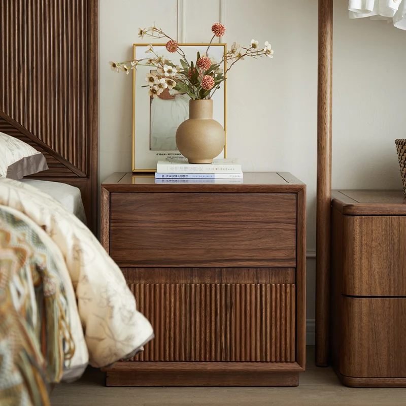Contemporary Nordic Rectangular South American Walnut Wood Nightstand 2-Drawer For Bedroom