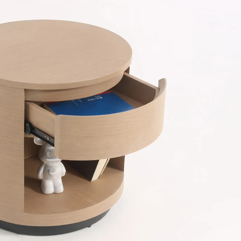 Contemporary Scandinavian Round Curved Bedside Table - Multilayer Board 1 Drawer Nightstand For Bedroom