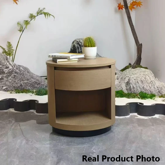 Contemporary Scandinavian Round Curved Bedside Table - Multilayer Board 1 Drawer Nightstand For Bedroom