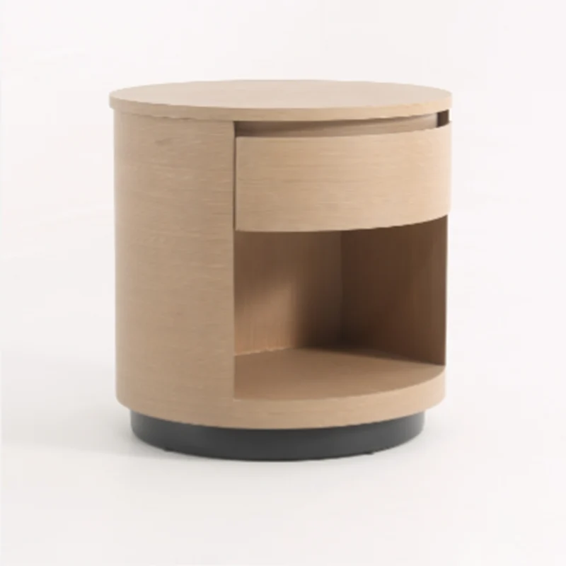 Contemporary Scandinavian Round Curved Bedside Table - Multilayer Board 1 Drawer Nightstand For Bedroom