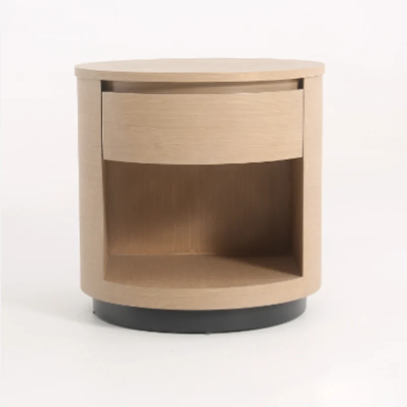 Contemporary Scandinavian Round Curved Bedside Table - Multilayer Board 1 Drawer Nightstand For Bedroom
