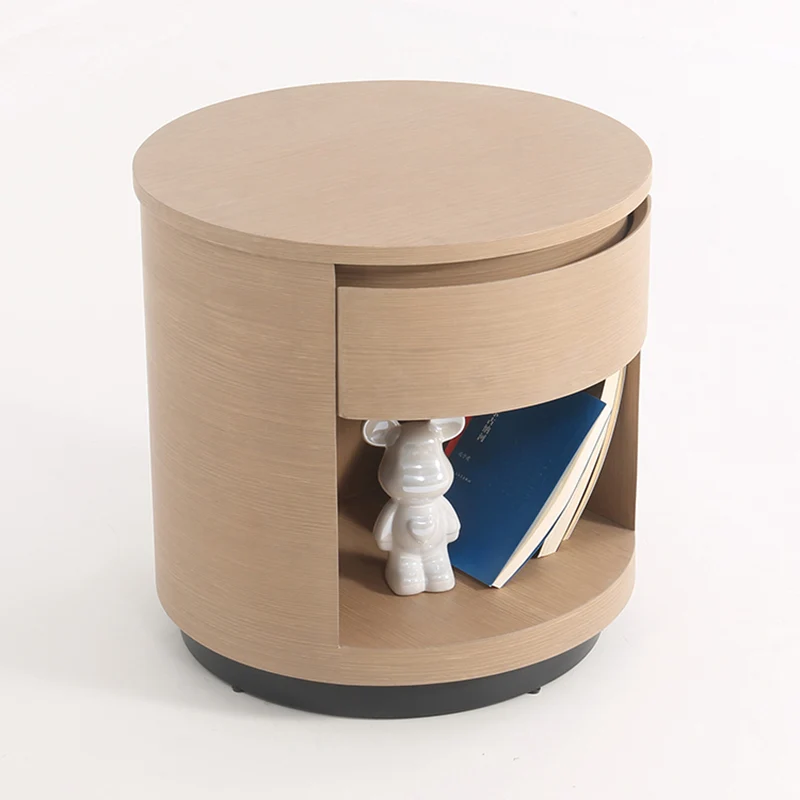 Contemporary Scandinavian Round Curved Bedside Table - Multilayer Board 1 Drawer Nightstand For Bedroom