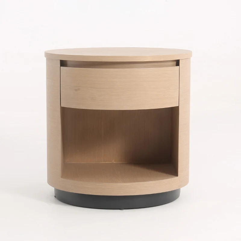 Contemporary Scandinavian Round Curved Bedside Table - Multilayer Board 1 Drawer Nightstand For Bedroom