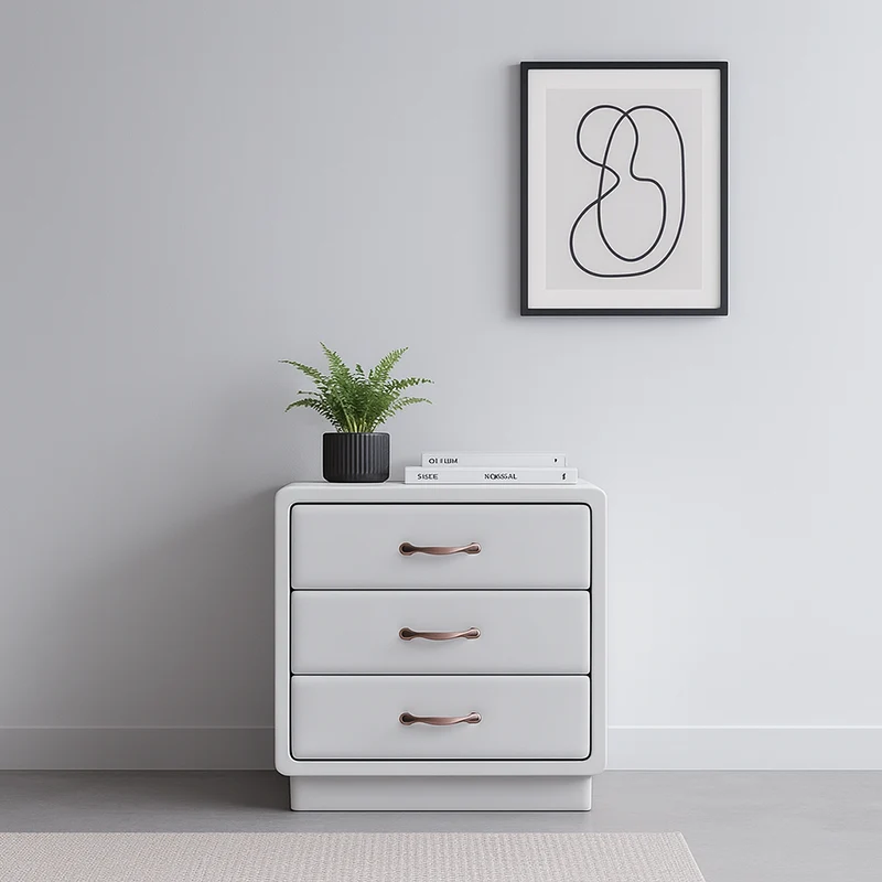 Modern Soft Ivory Faux Leather Bedside Cabinet - Gold Metal Pulls Nightstand With 3 Drawers For Bedroom