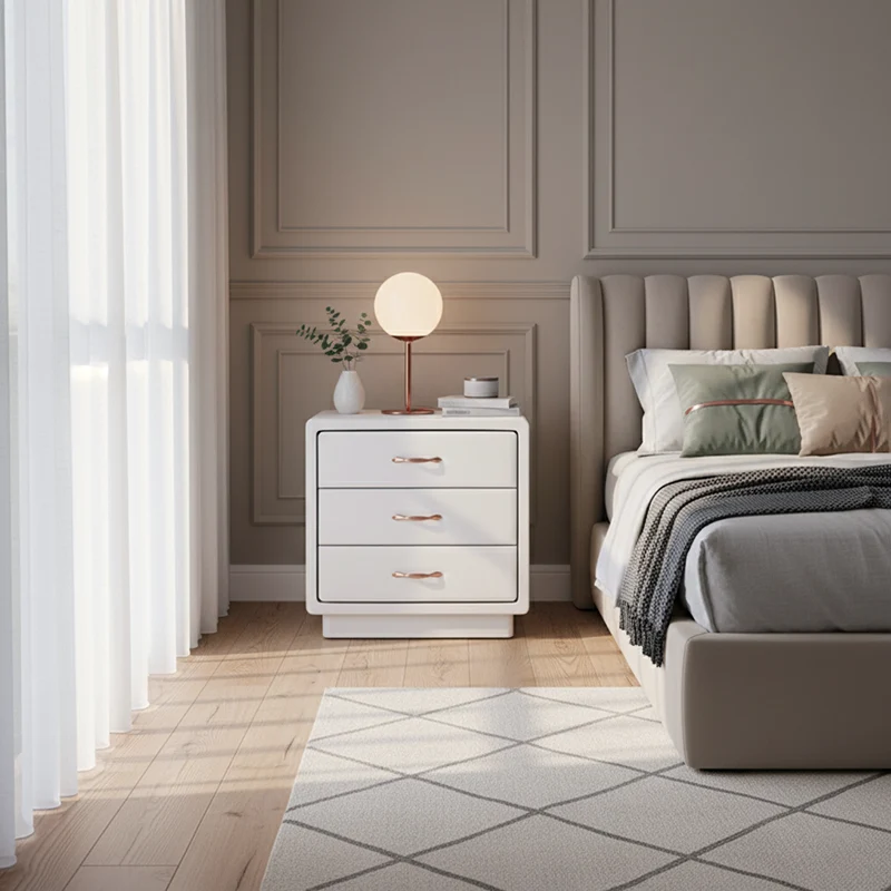 Modern Soft Ivory Faux Leather Bedside Cabinet - Gold Metal Pulls Nightstand With 3 Drawers For Bedroom