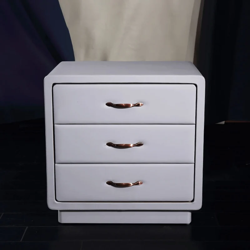 Modern Soft Ivory Faux Leather Bedside Cabinet - Gold Metal Pulls Nightstand With 3 Drawers For Bedroom