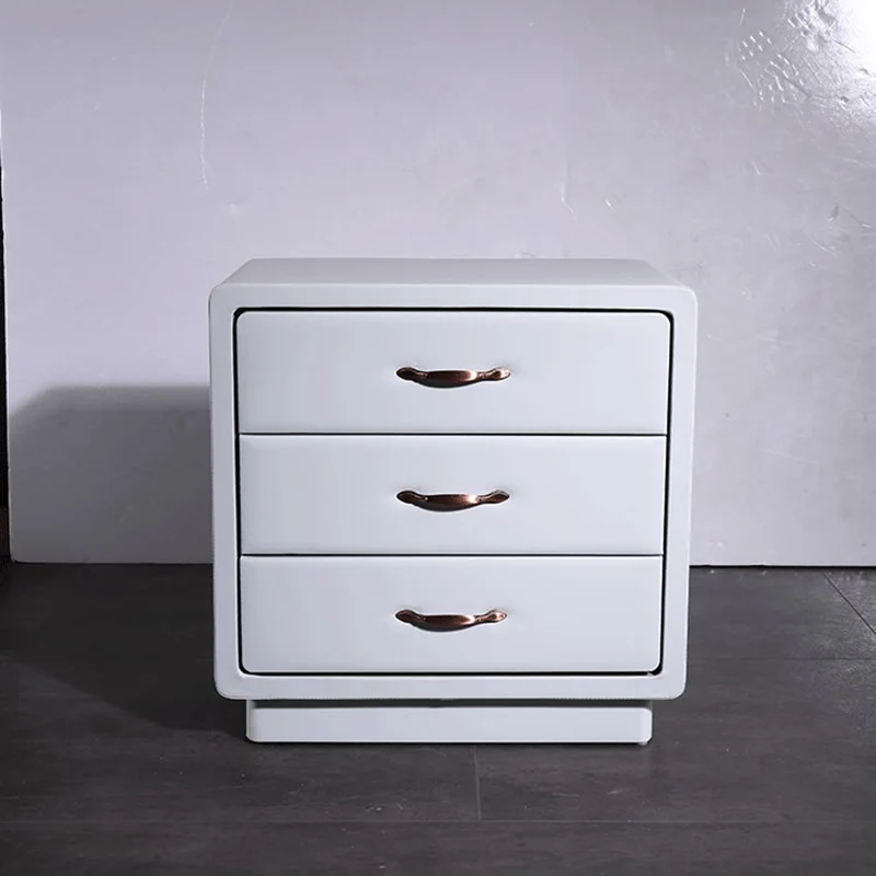 Modern Soft Ivory Faux Leather Bedside Cabinet - Gold Metal Pulls Nightstand With 3 Drawers For Bedroom
