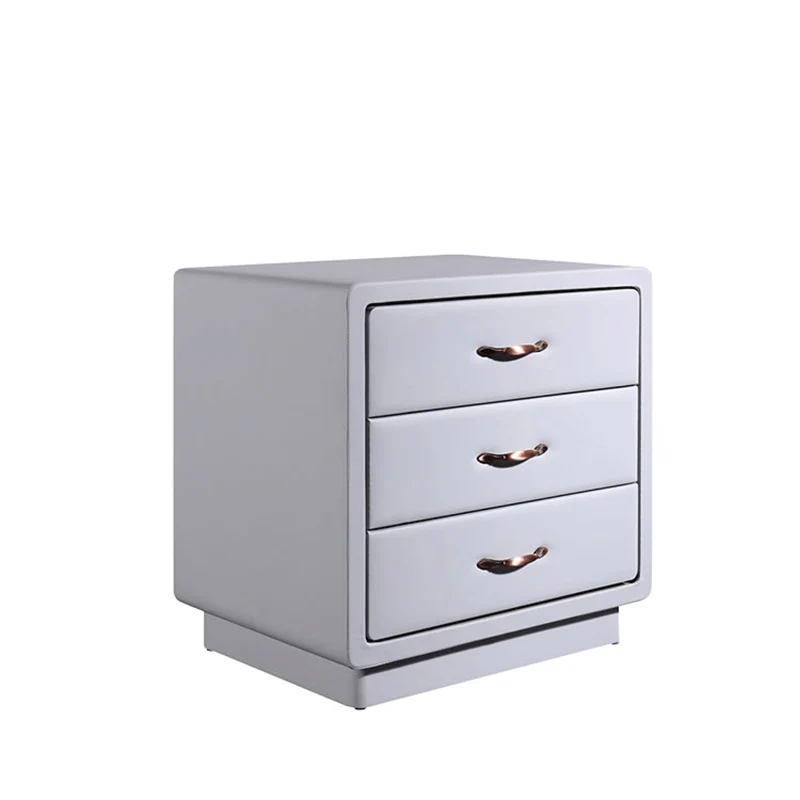 Modern Soft Ivory Faux Leather Bedside Cabinet - Gold Metal Pulls Nightstand With 3 Drawers For Bedroom