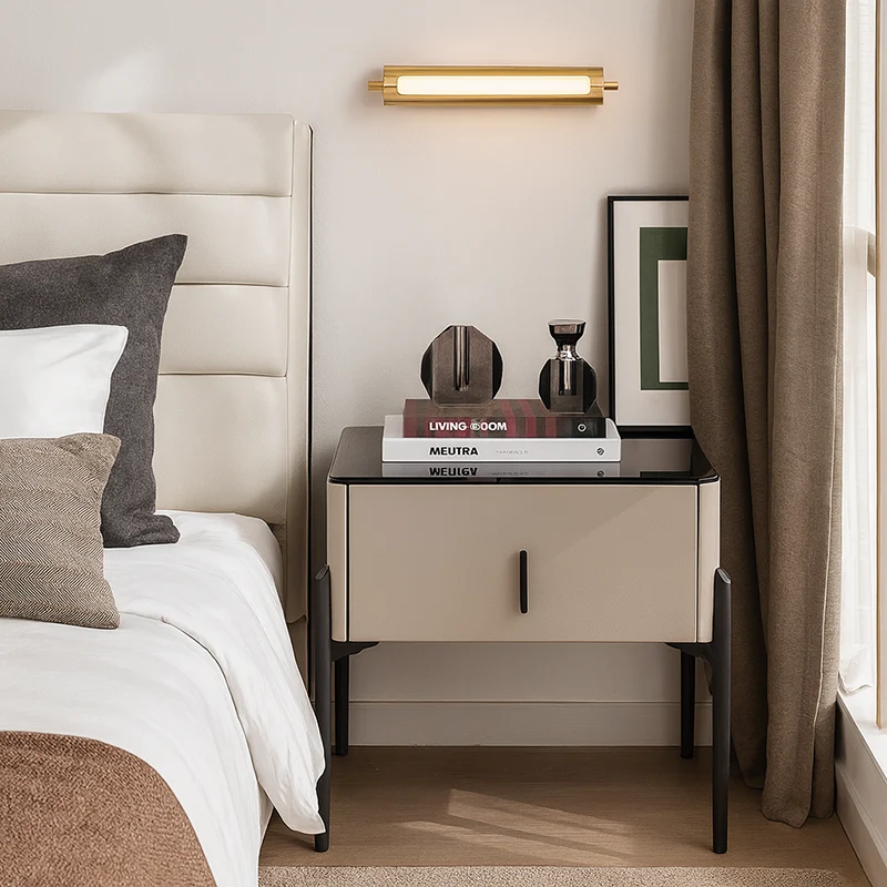 Modern Slim Metal Legs Glass Top Bedside Table - Square 1 Drawer Nightstand For Bedroom