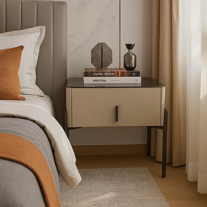 Modern Slim Metal Legs Glass Top Bedside Table - Square 1 Drawer Nightstand For Bedroom