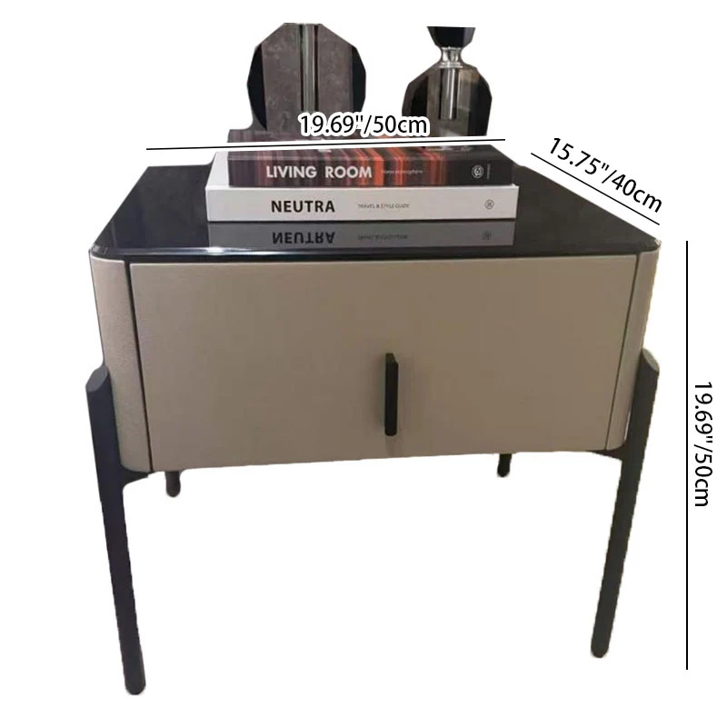 Modern Slim Metal Legs Glass Top Bedside Table - Square 1 Drawer Nightstand For Bedroom