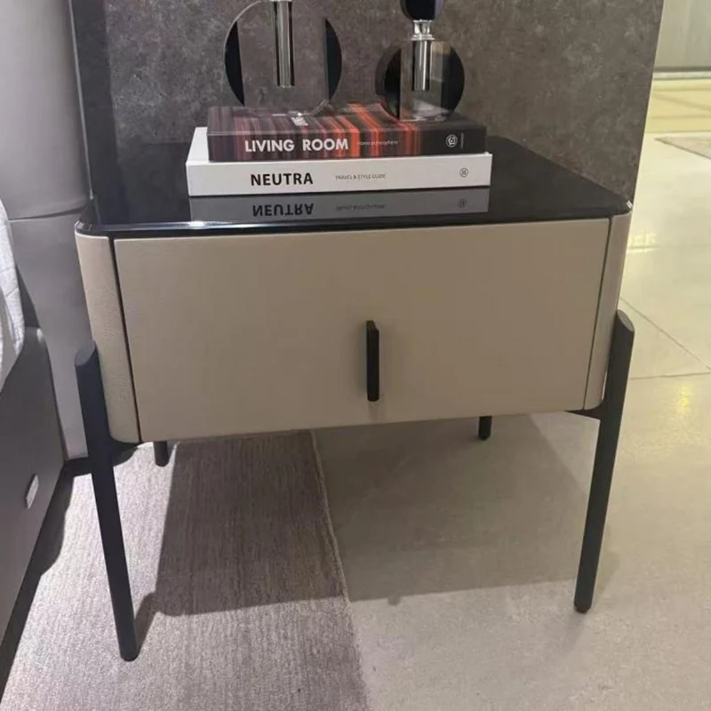 Modern Slim Metal Legs Glass Top Bedside Table - Square 1 Drawer Nightstand For Bedroom