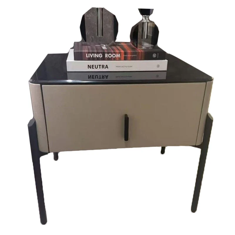 Modern Slim Metal Legs Glass Top Bedside Table - Square 1 Drawer Nightstand For Bedroom