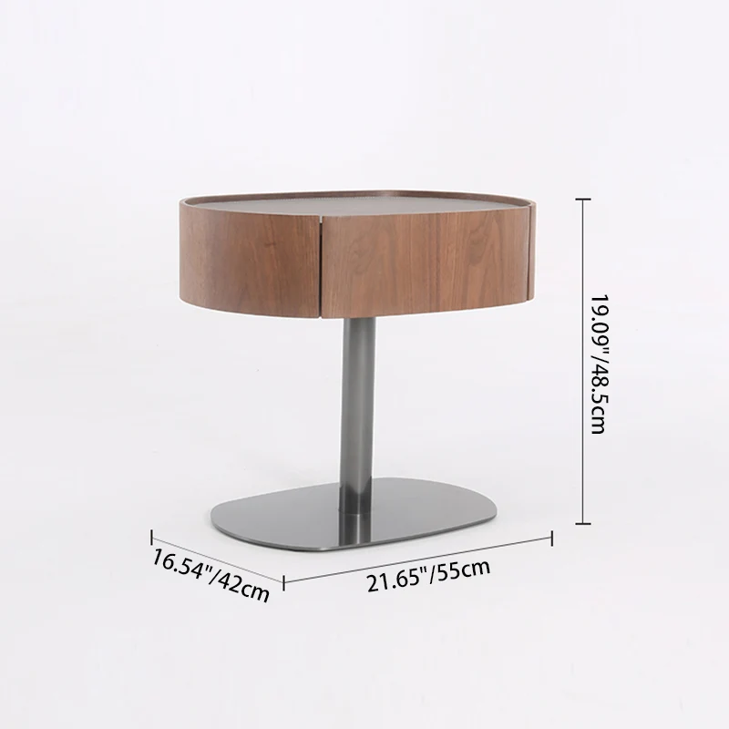 Traditional French Walnut Oval Bedside Table - Saddle-Style Faux Leather Surface 1 Drawer Nightstand For Bedroom