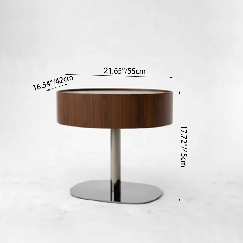 Traditional French Walnut Oval Bedside Table - Saddle-Style Faux Leather Surface 1 Drawer Nightstand For Bedroom
